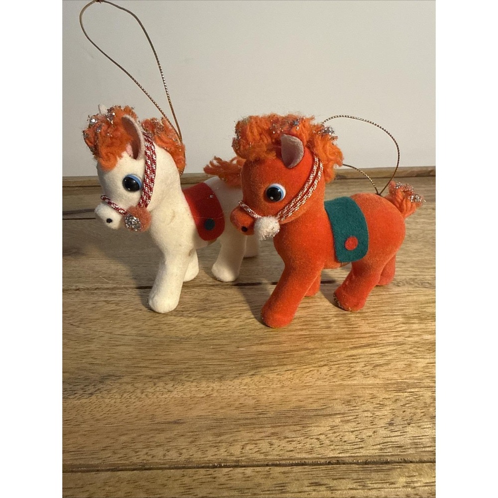 Set Of Vintage Flocked Horse Christmas Ornaments Japan MCM 1960s Glitter Ponies